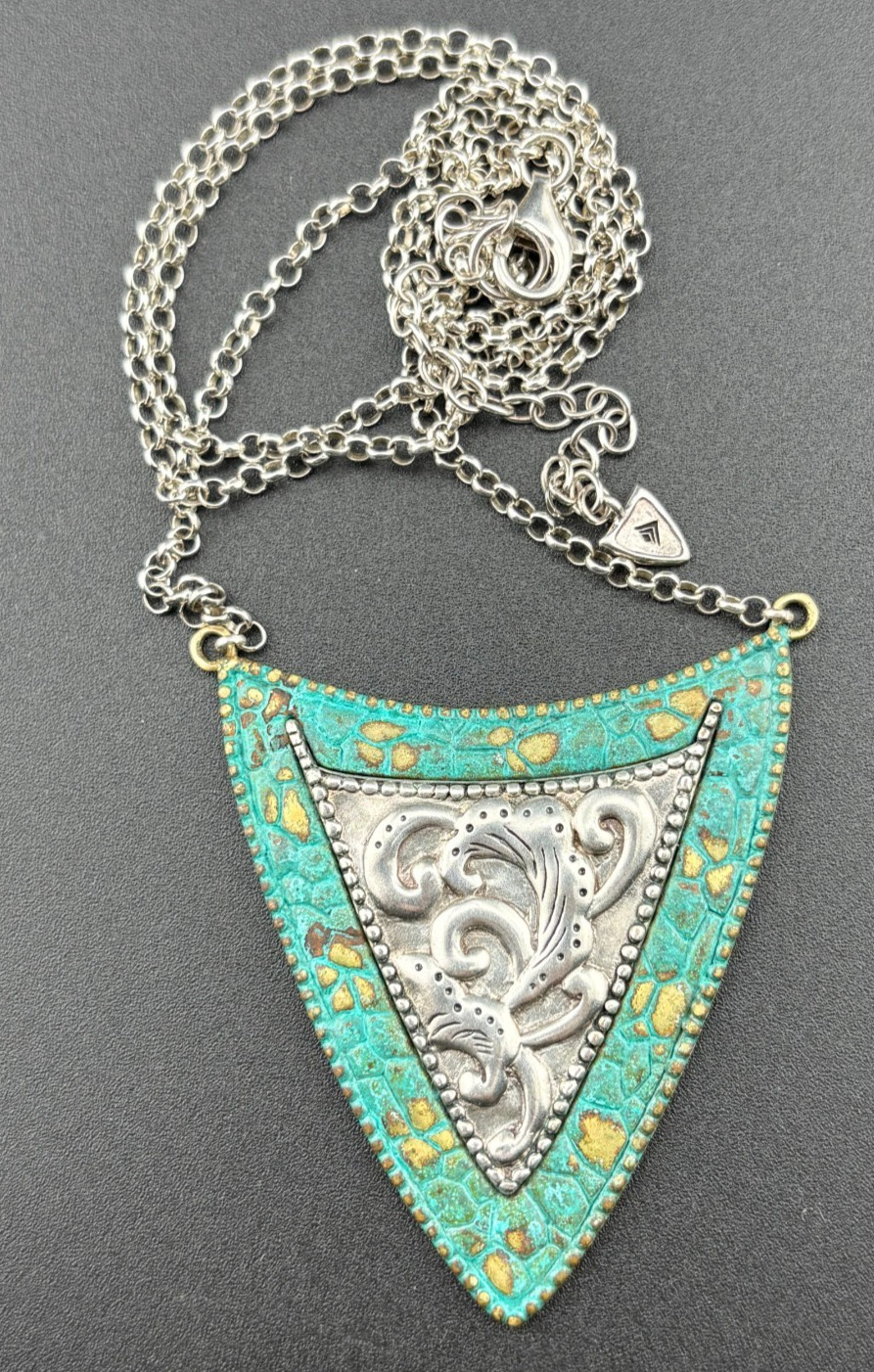 2″ Silpada “Patina Shield” Sterling Silver & Brass Necklace 22″ to 25″ – N3018