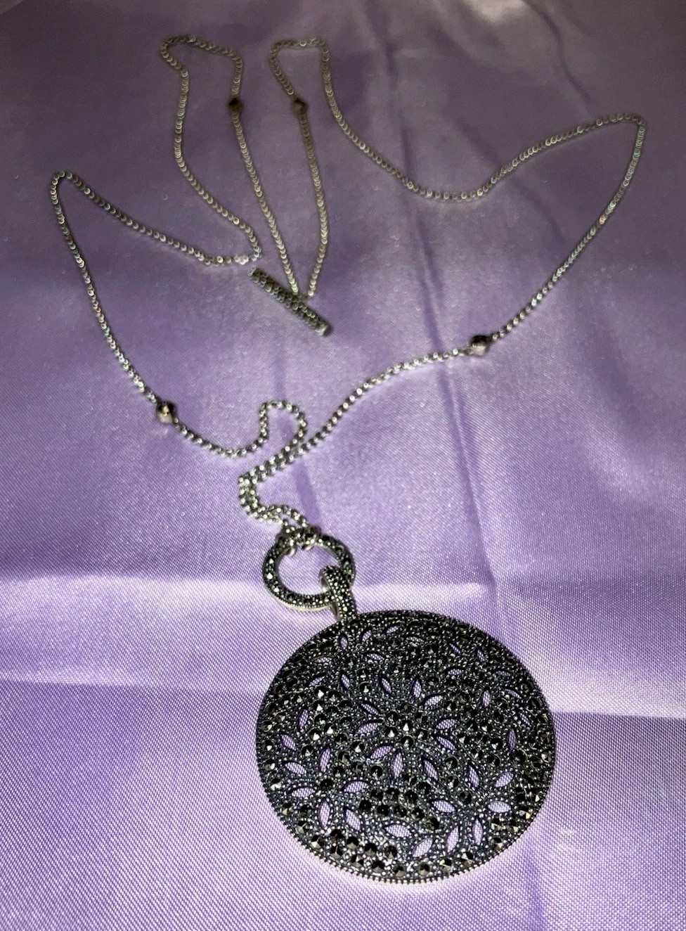 Vintage Judith Jack $285 Sterling Silver 925 Marcasite Dome Pendant Necklace 36”