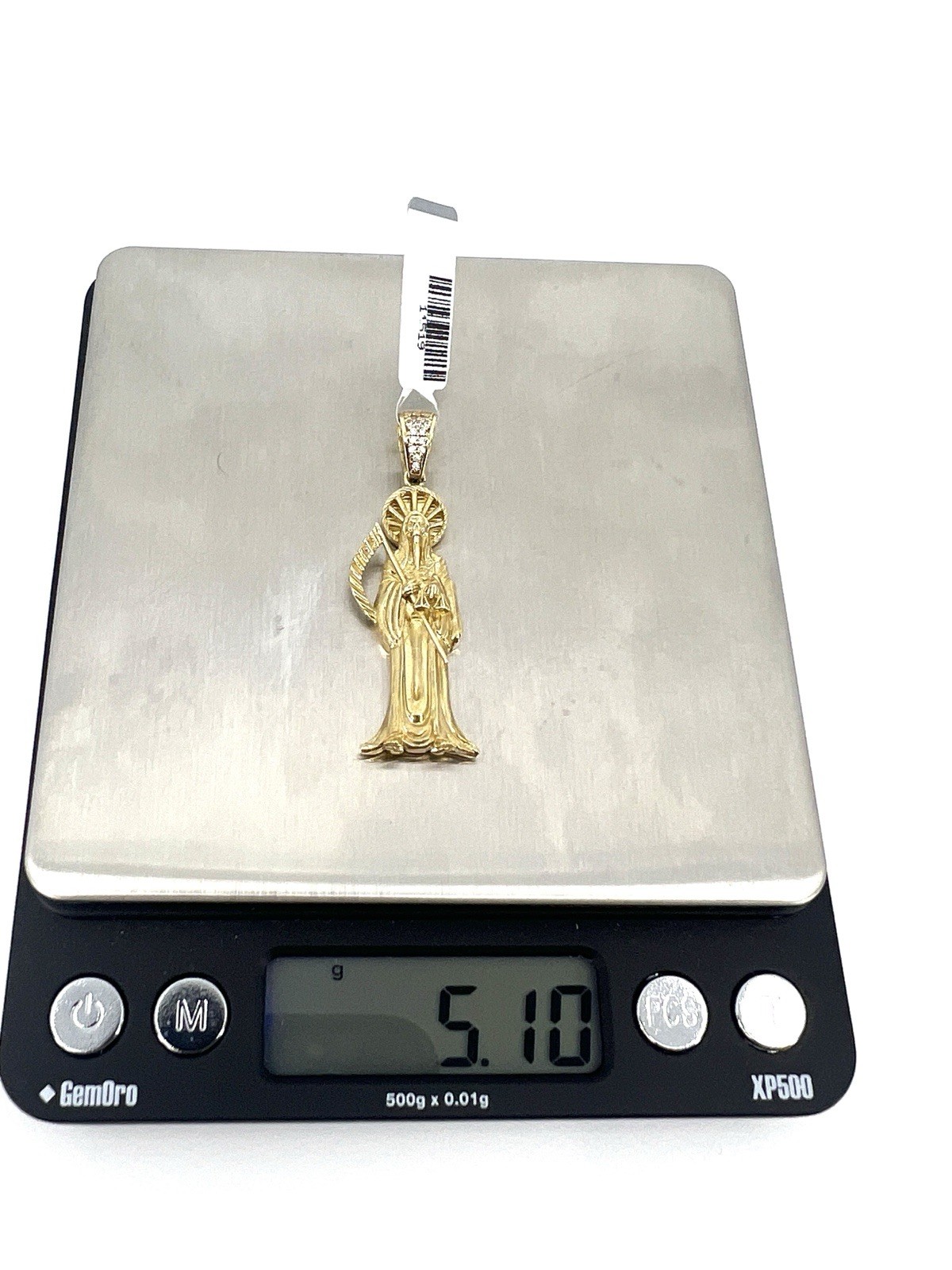 10K Yellow Gold Santa Muerte Pendant CZ Bail Grim Reaper Holy Death New OroAu