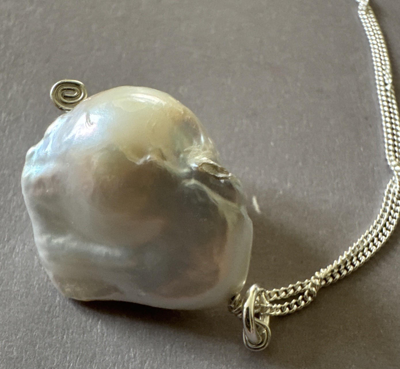 Sterling Silver 925 21mm Freshwater Pearl Pendant Italy 18” Curb Chain Necklace