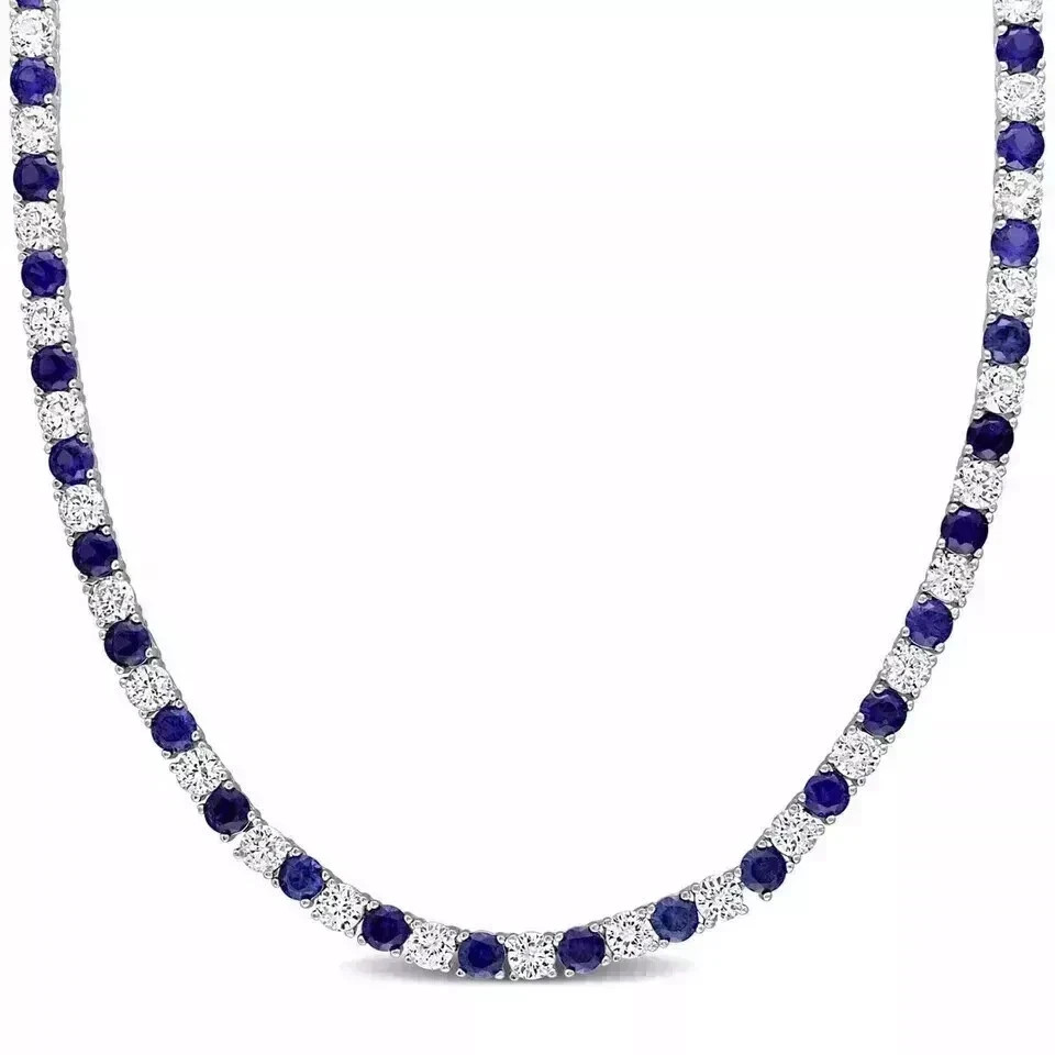 20TCW Round Lab Created Sapphire & Diamond Tennis Necklace 925 Sterling Silver