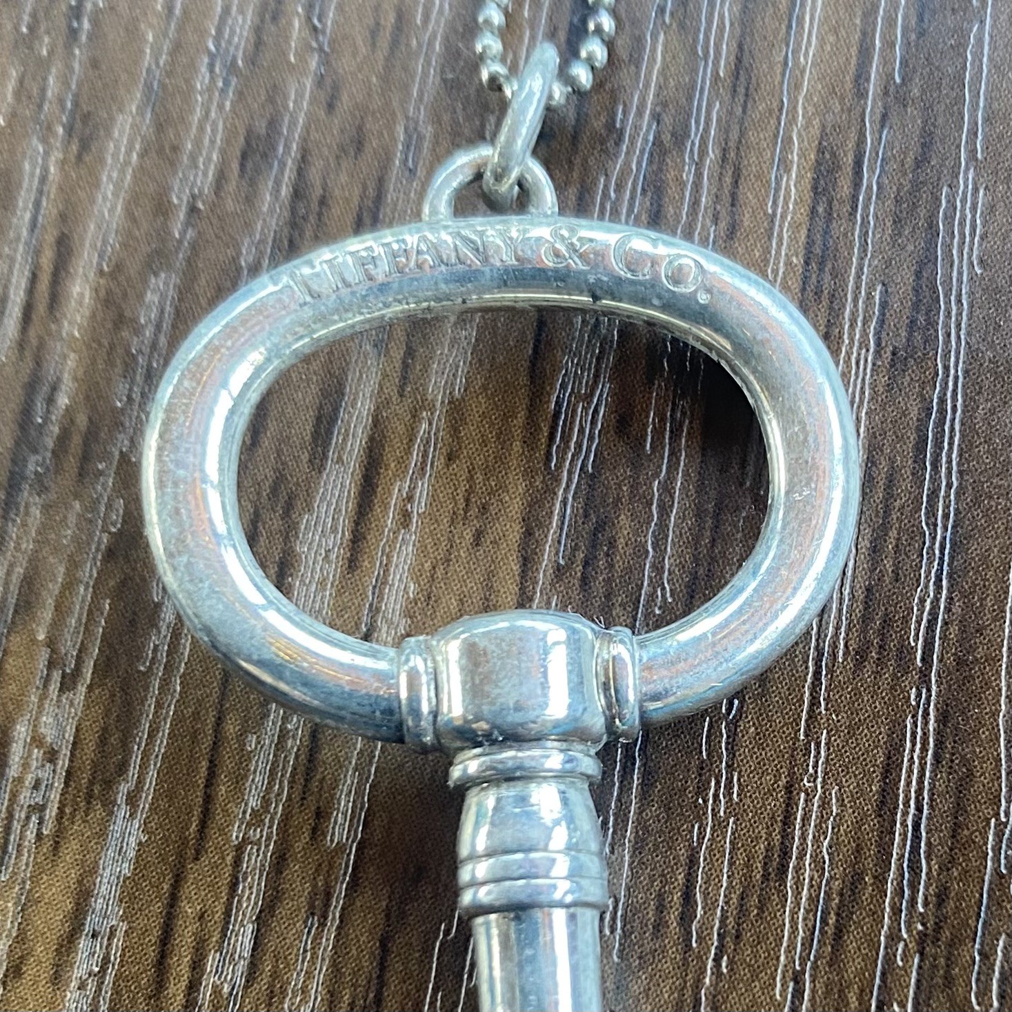 Tiffany & Co. Sterling Silver Large 2.5” Oval Key on 36” Beaded Chain
