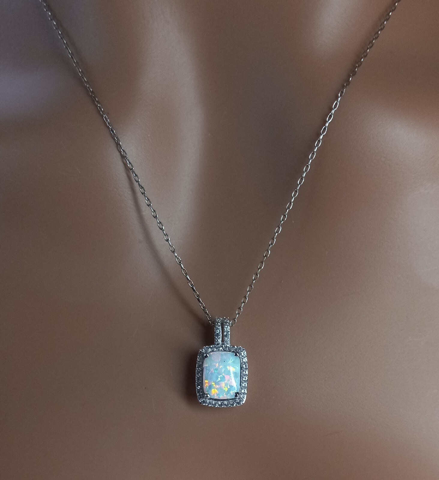 New Opal & White Sapphire Lab Created Sterling Silver 18″ Pendant Necklace