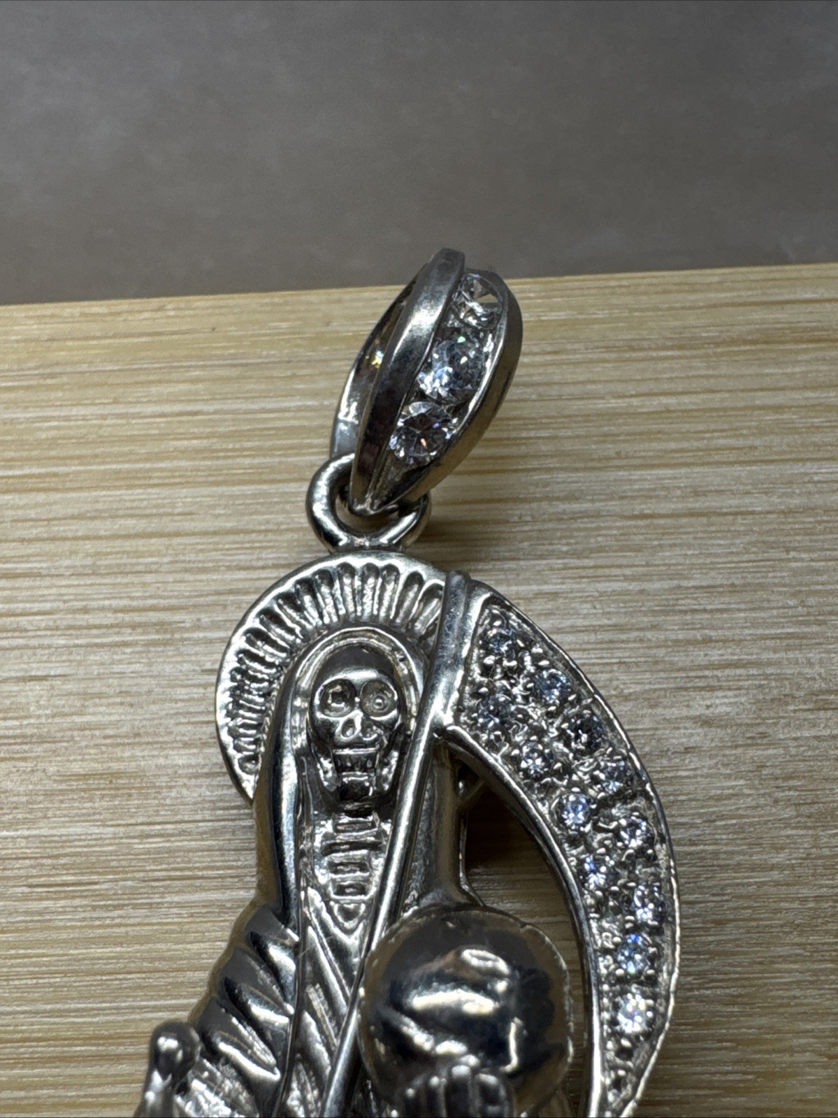 Sterling Silver Grim Reaper pendant Dije de la Santa Muerte Plata REAL 925 Cz