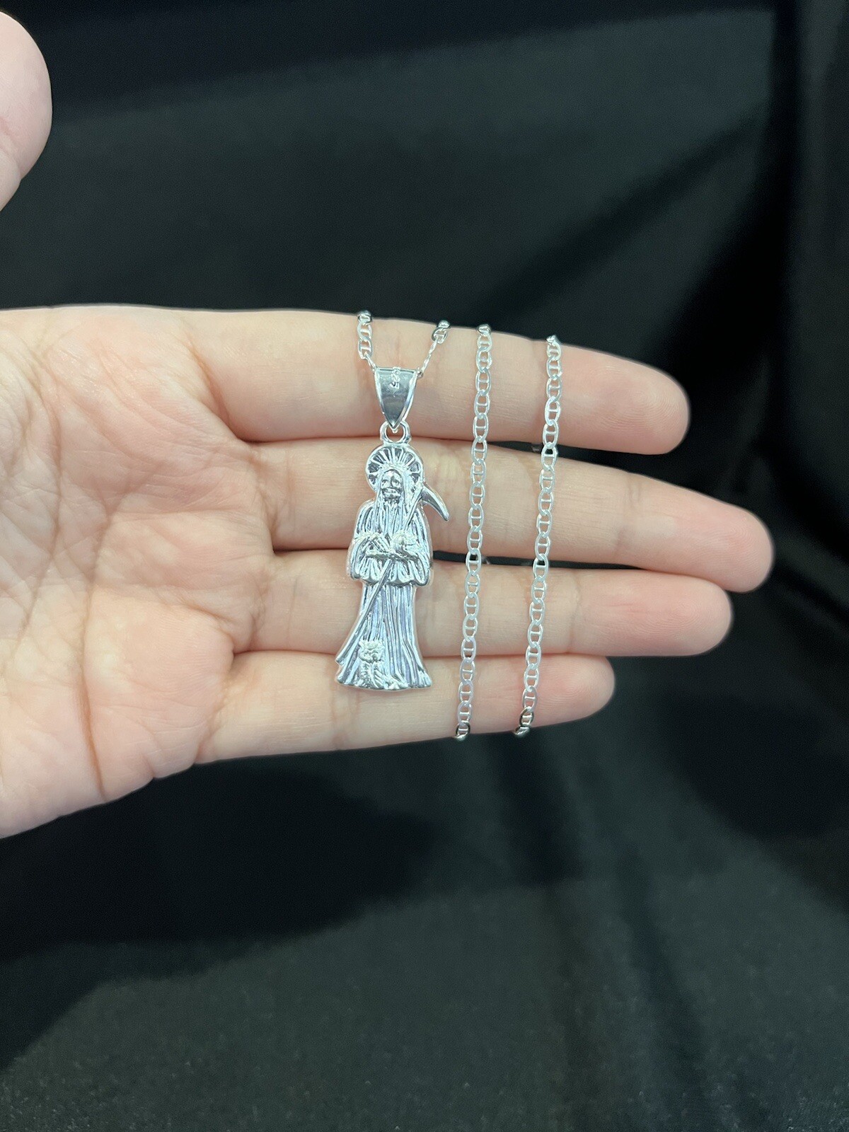 925 Sterling Silver Small Santa Muerte Grim Reaper & Mariner Chain 18 20 22 24