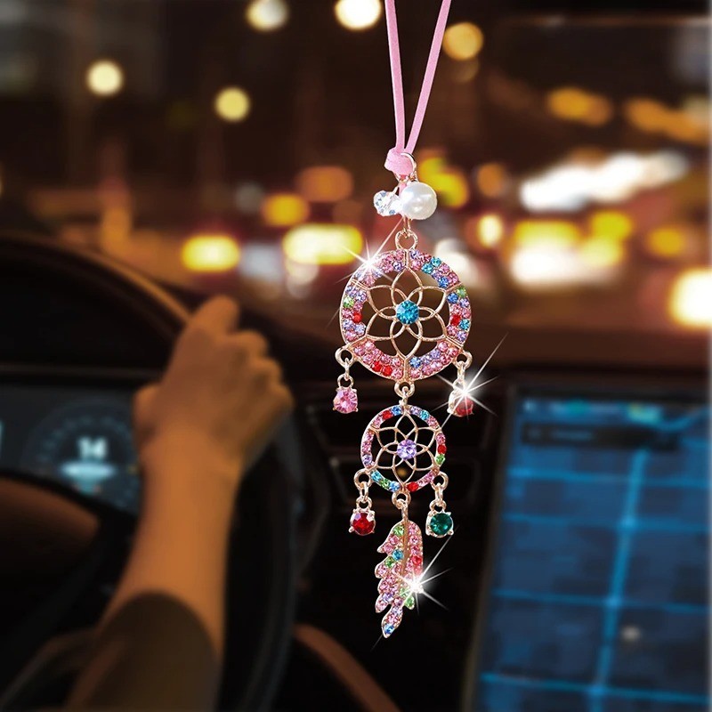 Diamond Flower Dreamcatcher Car Pendant Mirror Hanging Charm Crystal Ornament