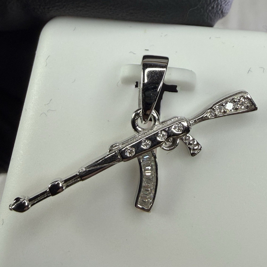 925 Sterling Silver White/Colorless Moissanite AK-47 Rifle Charm Pendant 0.50CTW