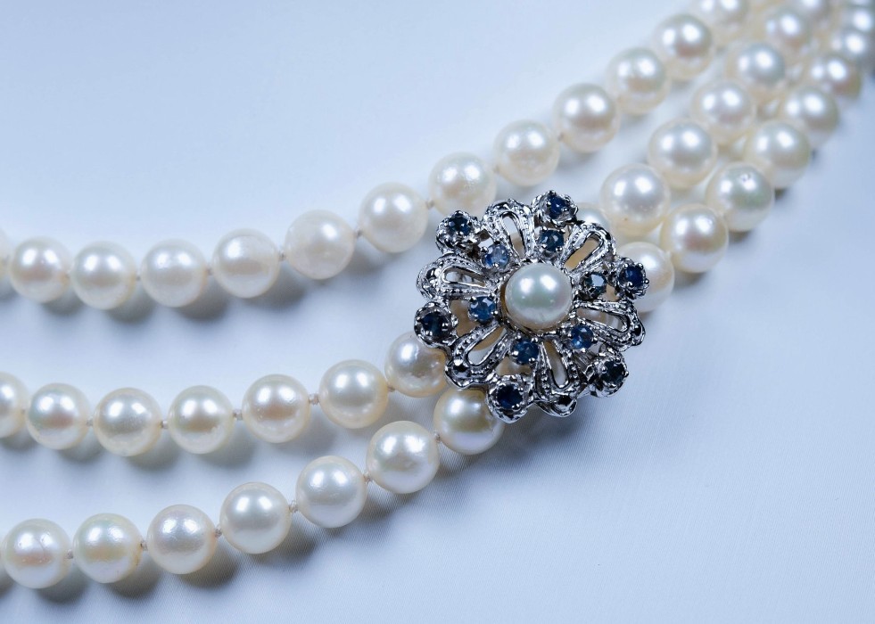 46″ Akoya Pearl Necklace Rope 6.5–7mm w/ .835 Silver Sapphire Enhancer .80ctw
