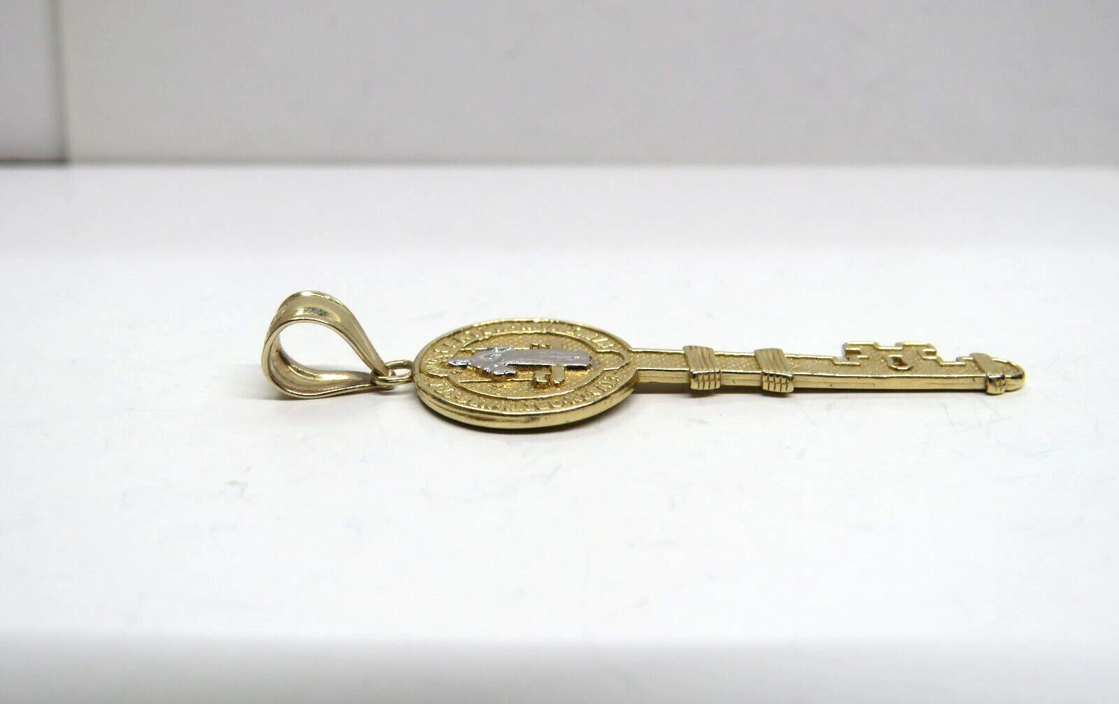 St BENEDICT 14K Yellow & White Gold Religious Key Pendant Charm