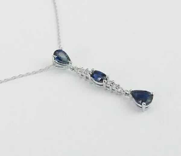 2Ct Pear Cut Blue Sapphire & Diamond Drop Pendant Necklace 14K White Gold Finish