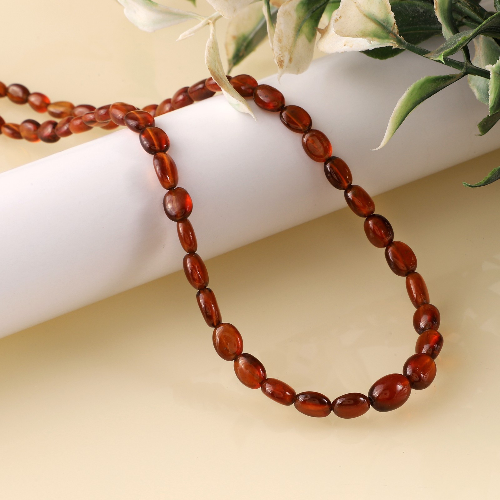 100%Natural Hessonite Garnet Stone Beaded Handmade Necklace Oval 925 Silver