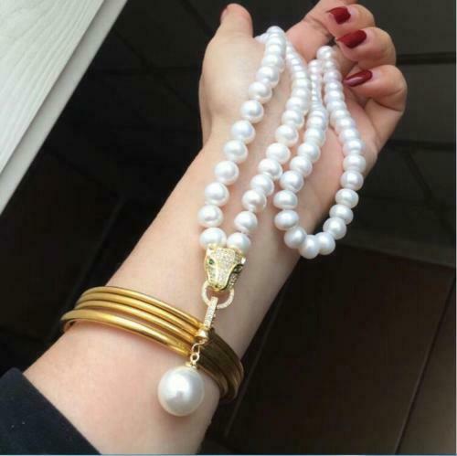 HUGE AAA 9-10MM NATURAL AKOYA WHITE PEARL NECKLACE LENGTH 30″ + PENDANT