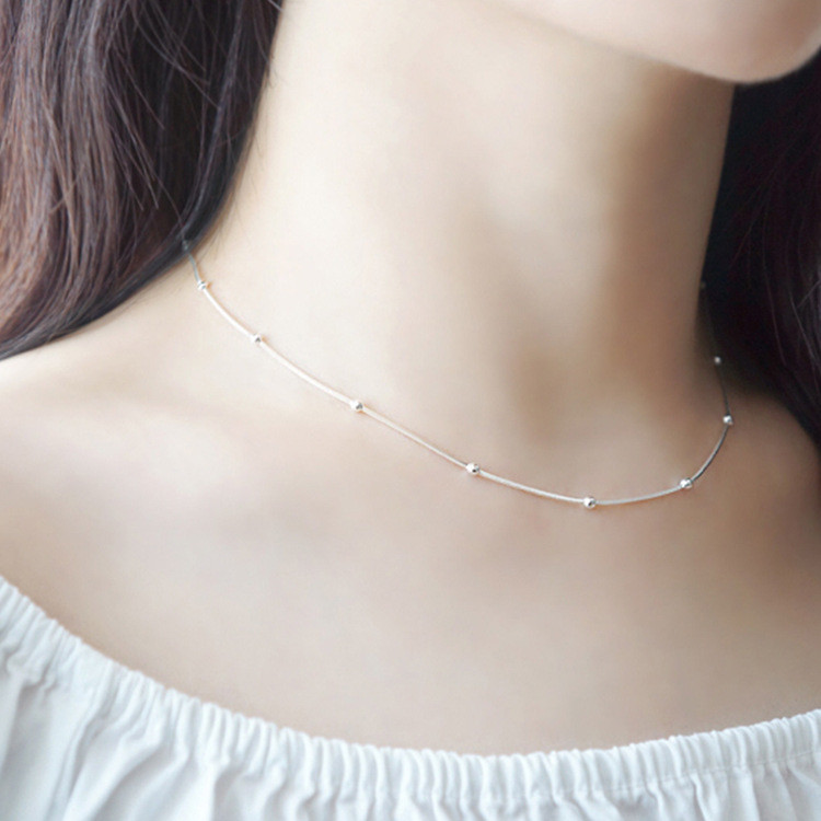 Woman Real S925 Sterling Silver Station Beaded Ball Necklace Snake Chain