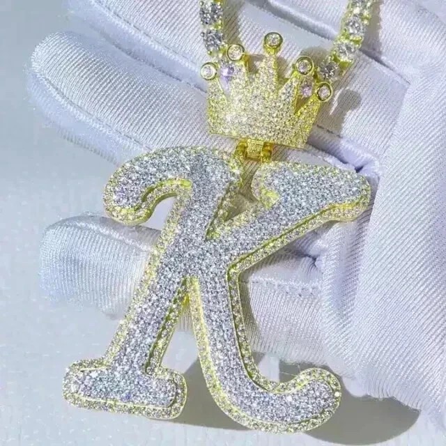 3 Ct Round Cut Real Moissanite Custom K Letter Pendant 14K Yellow Gold Plated