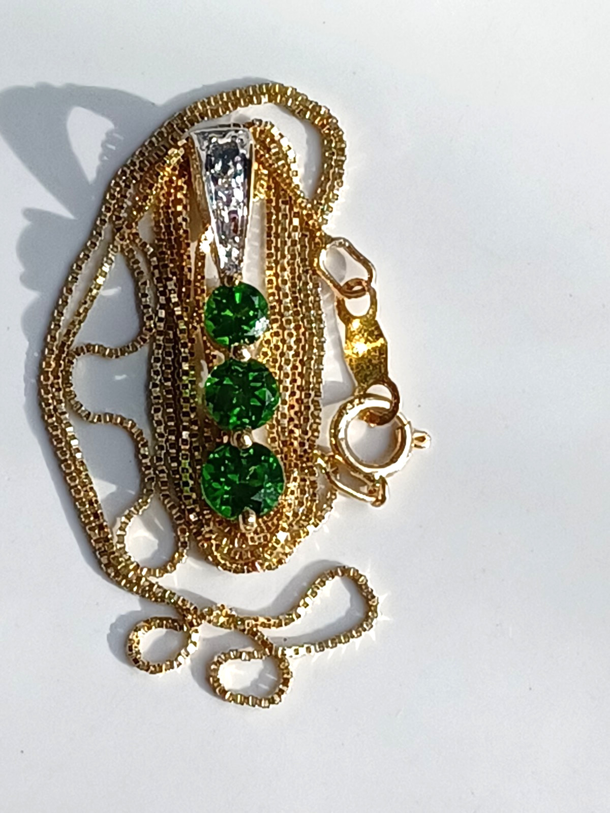 14k solid Gold Natural Chrome Diopside & Diamond Pendant Box Chain Necklace 1.90