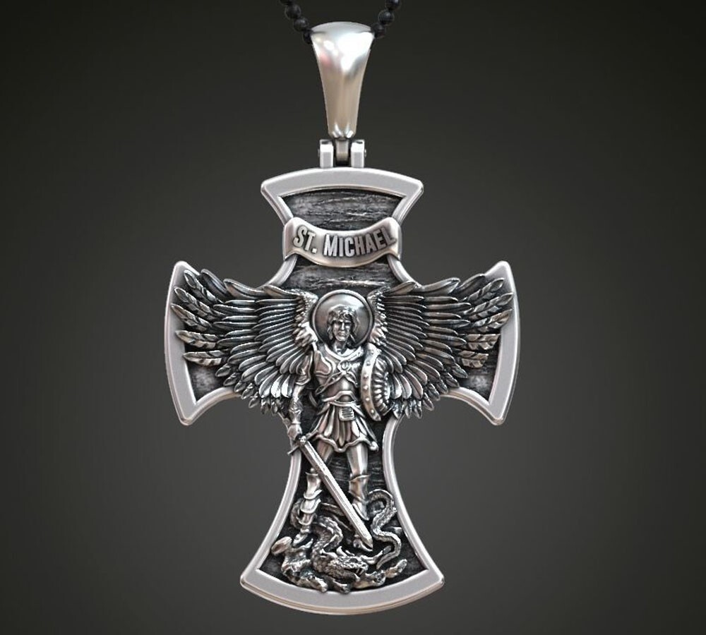 21g Big Cross Saint Michael the Archangel with Prayer Pendant 925 Sterling Silve
