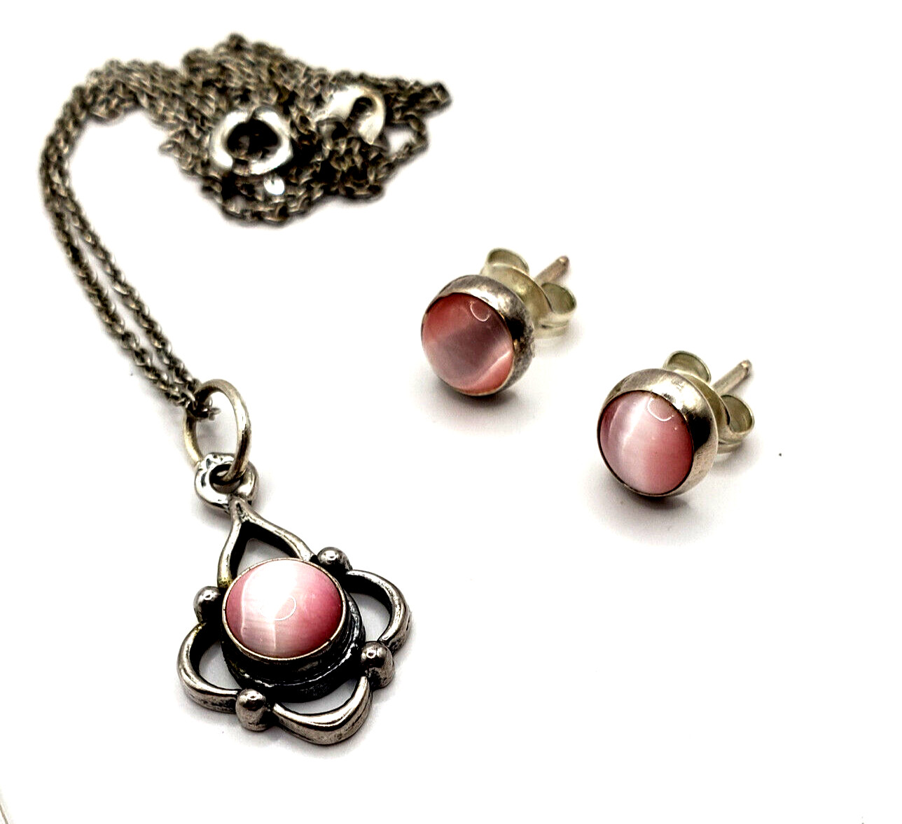 3 Pc Set Pink Cat Eye Necklace + Dangle + Stud Earrings Set 925 Sterling Silver