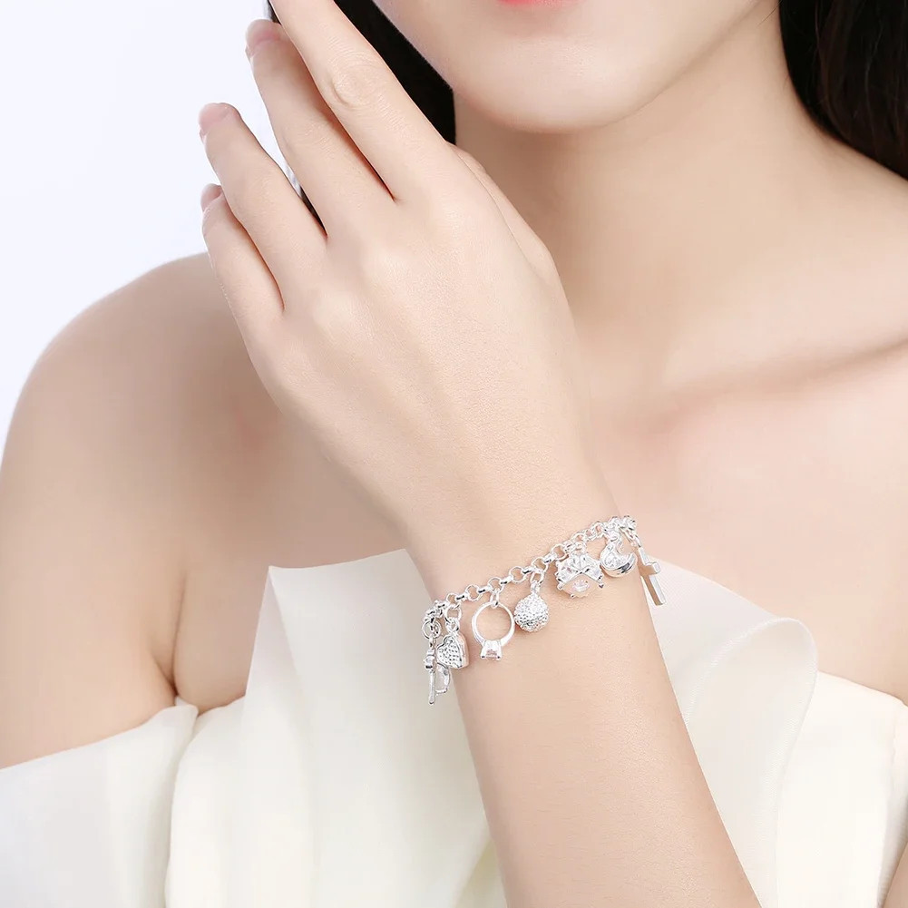 Fashion 925 Sterling Silver Bracelet for Woman Pretty Heart Zircon Pendant Chain