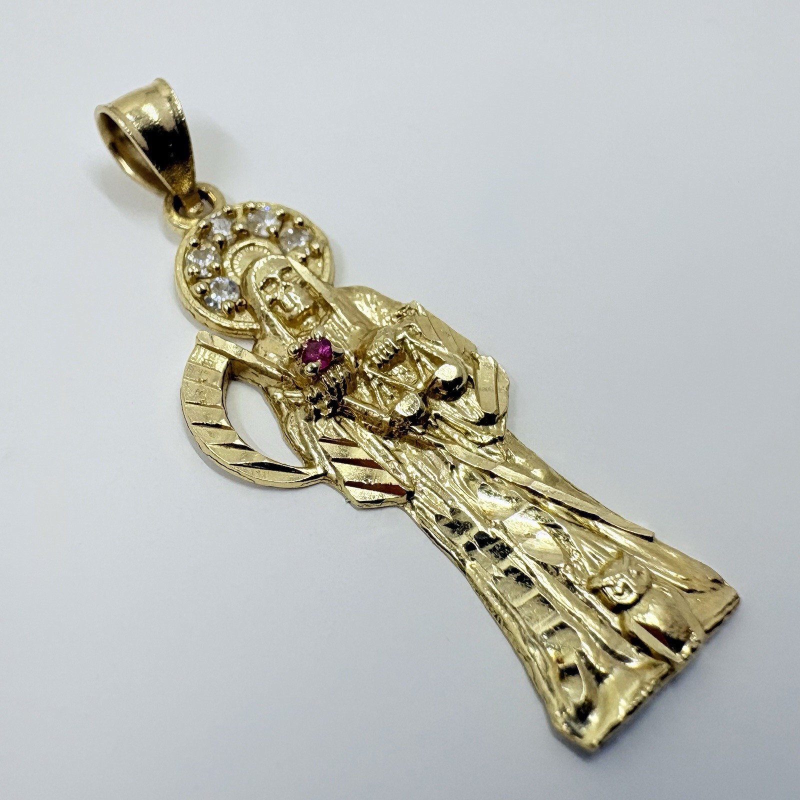 14k Gold Santa Muerte Grim Reaper Pendant Non-Diamond & Red Gemstone
