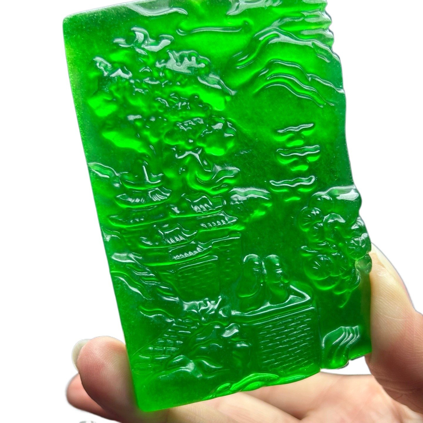 Natural Ice Green Burmese Jadeite Hand Carved Landscape Lucky Pendant Necklace