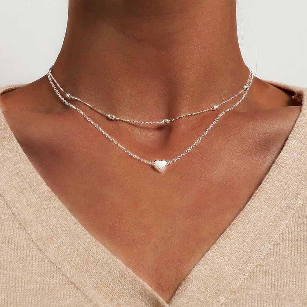 Heart Layered Necklace Chain Ball Satellite Choker Necklaces Charm Stacking Jewe