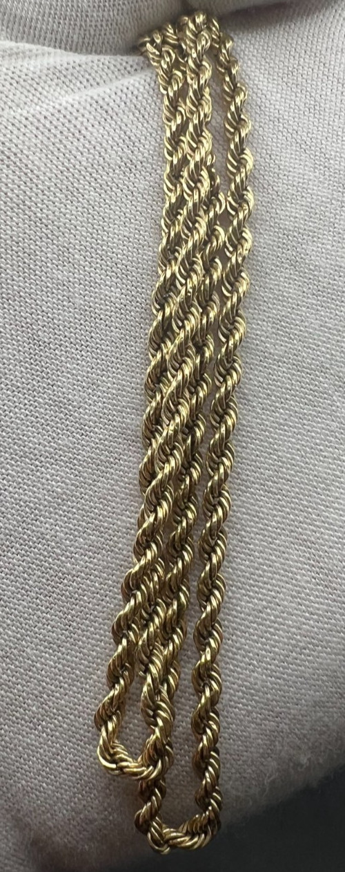 Hollow 14K Yellow Gold Rope Chain Necklace 6.6 Grams, 26 Inches, 3mm