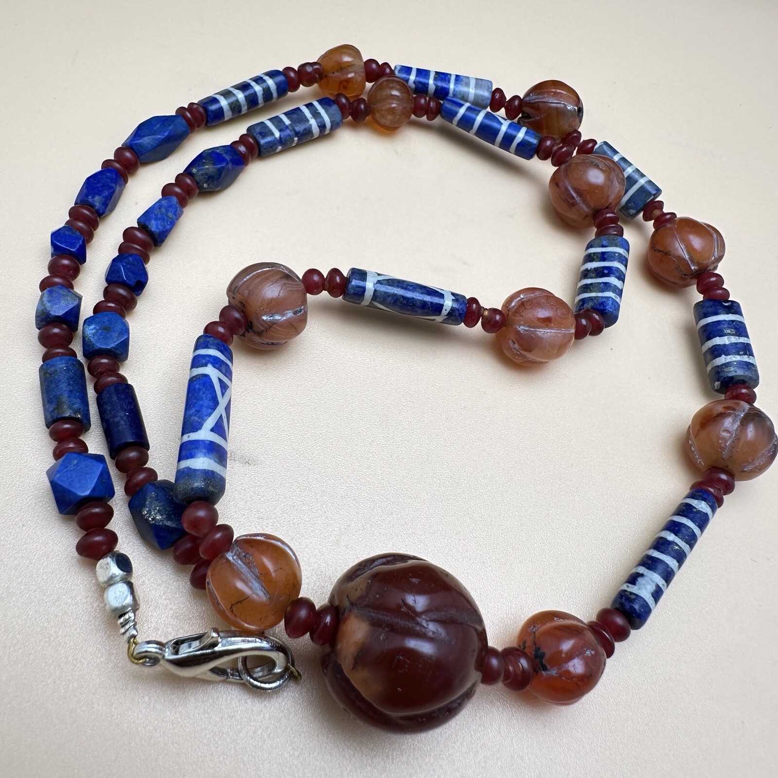 Genuine Antique Etched Lapis Carnelian Pyu Culture Beaded Beautiful Necklace