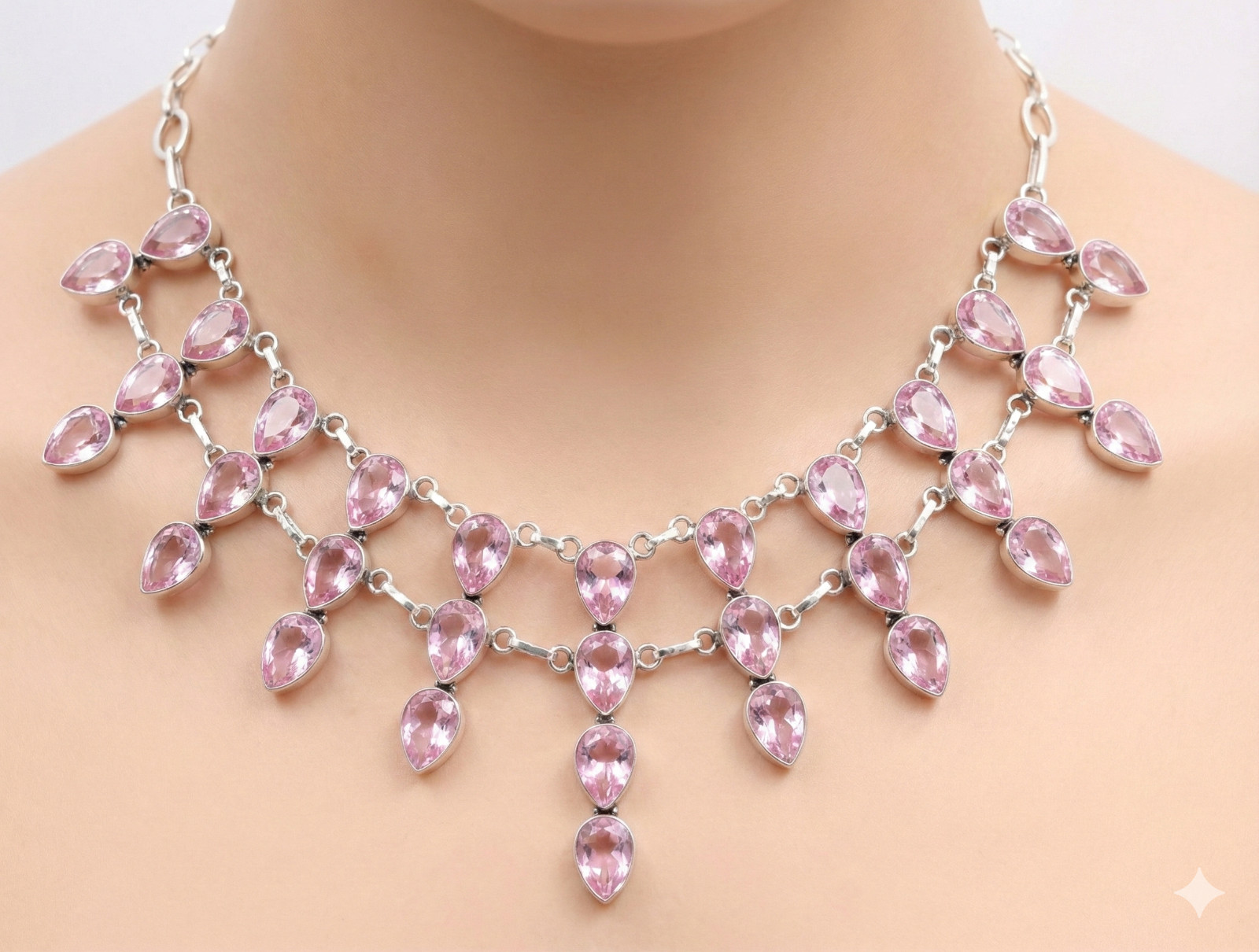 925 Sterling Silver Pink Kunzite Gemstone Handmade Jewelry Necklace Size-17-18