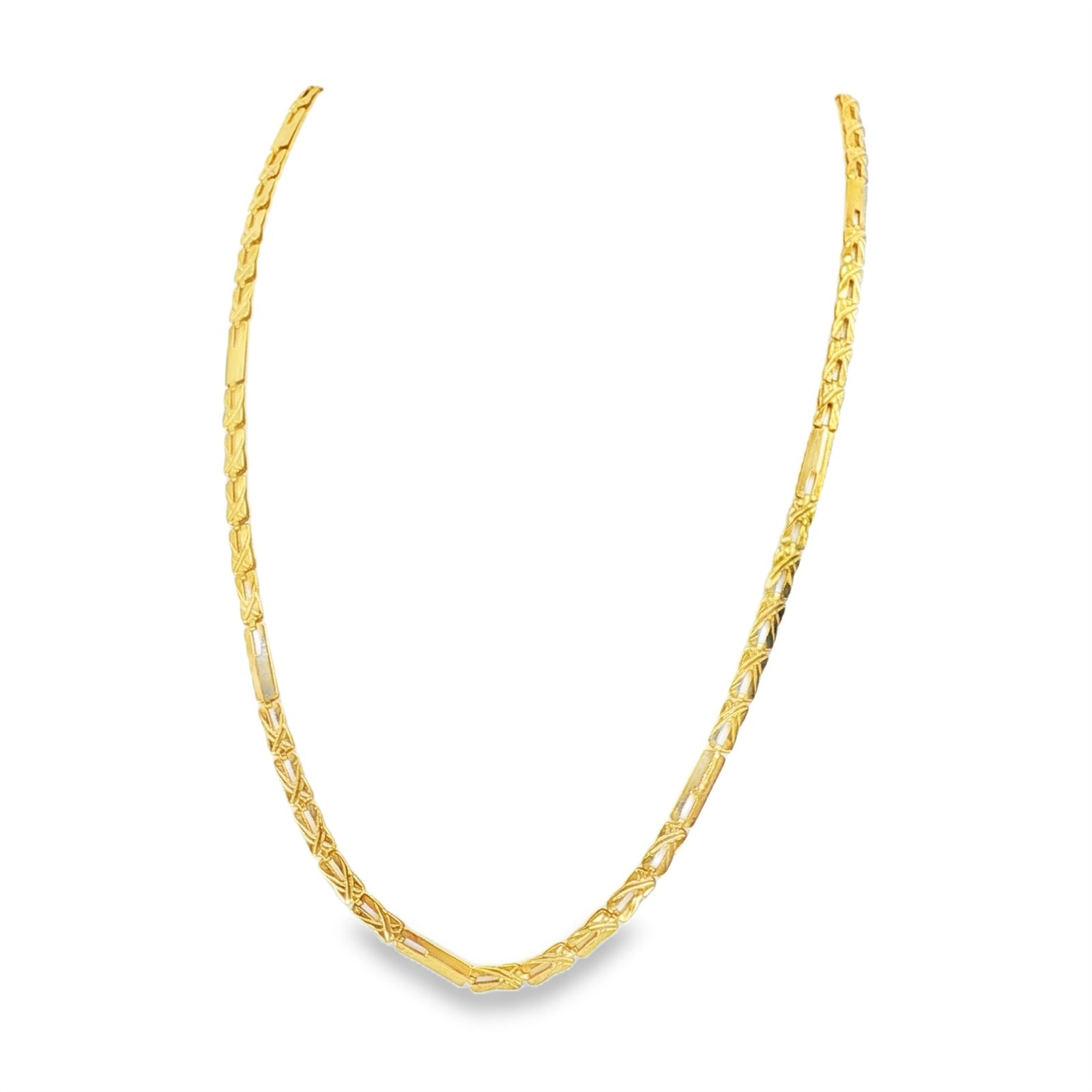 Vintage 18KY 18.25″ Flat Rectangle Link Chain w/ X Shapes, Cut Outs, + 14K Clasp