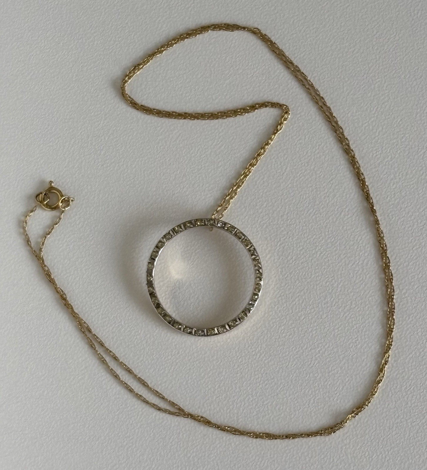 14k Yellow and White Gold Round Circle Pendant 18” Chain Necklace Designer SLC
