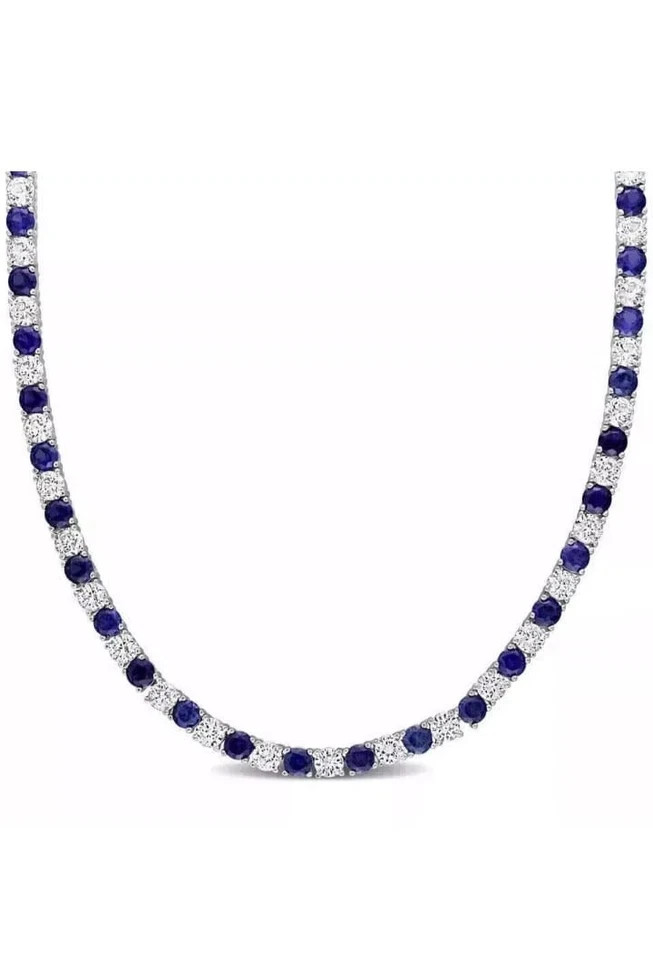 16Ct Round-Cut Lab Created Blue Sapphire Tennis Necklace 14k White Gold Plated