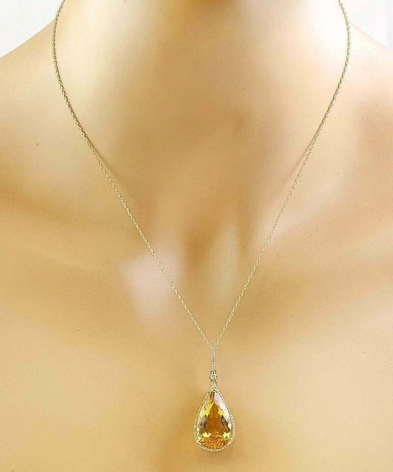 4Ct Pear Cut Yellow Citrine Halo Pendant 14K Yellow Gold Finish 18″ Free Chain