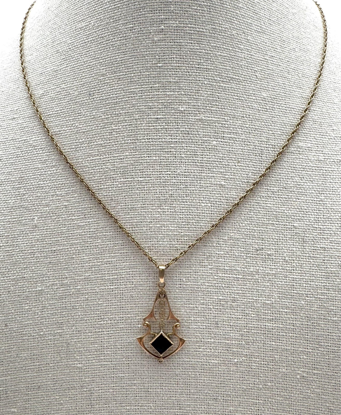 Vintage Yellow Gold Blue Stone 10K Pendant Necklace 12K GP 13in Art Nouveau