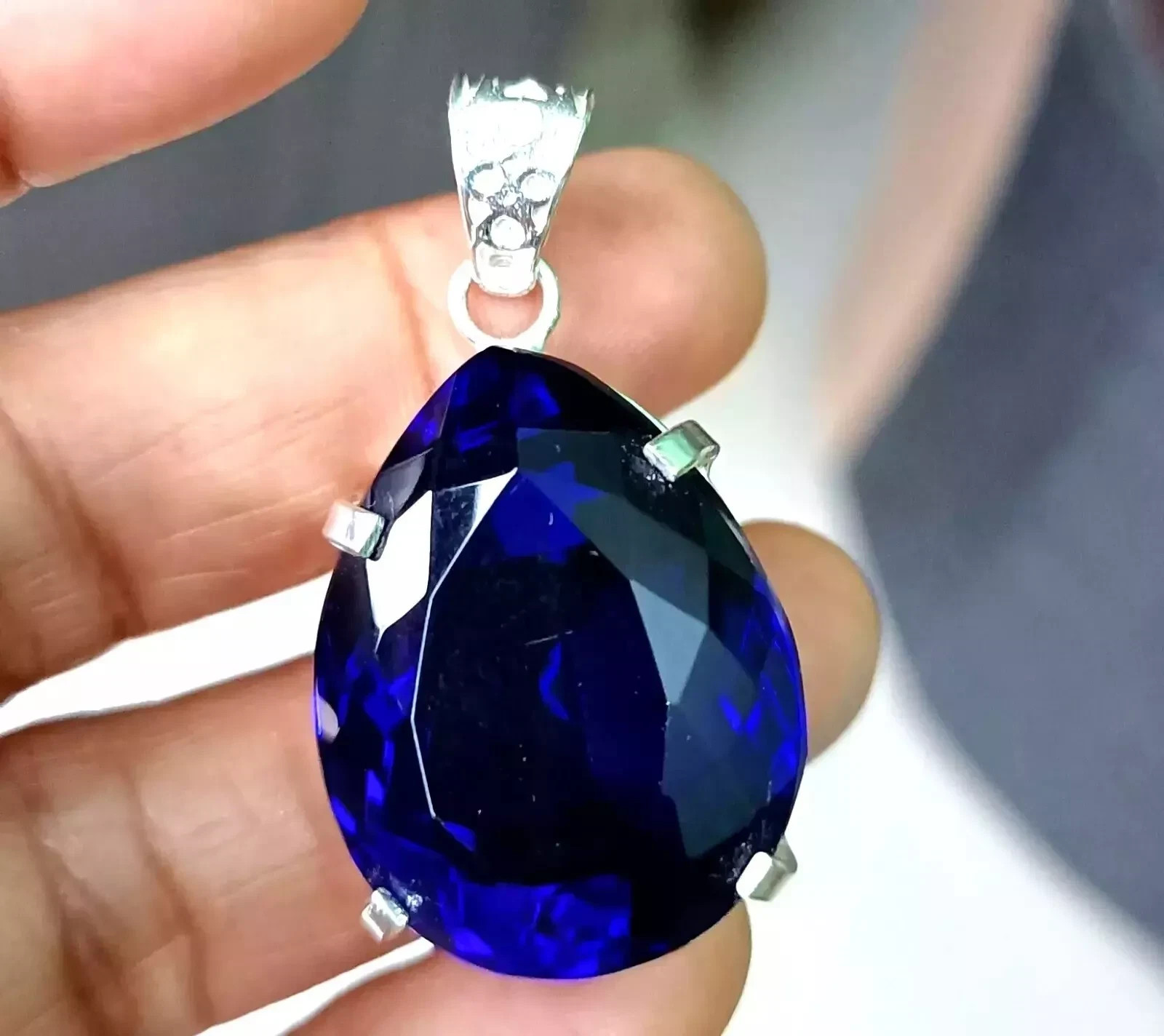 35 CT Certified Natural Blue Sapphire Pear Cut 925 Silver Wide Gem Pendant