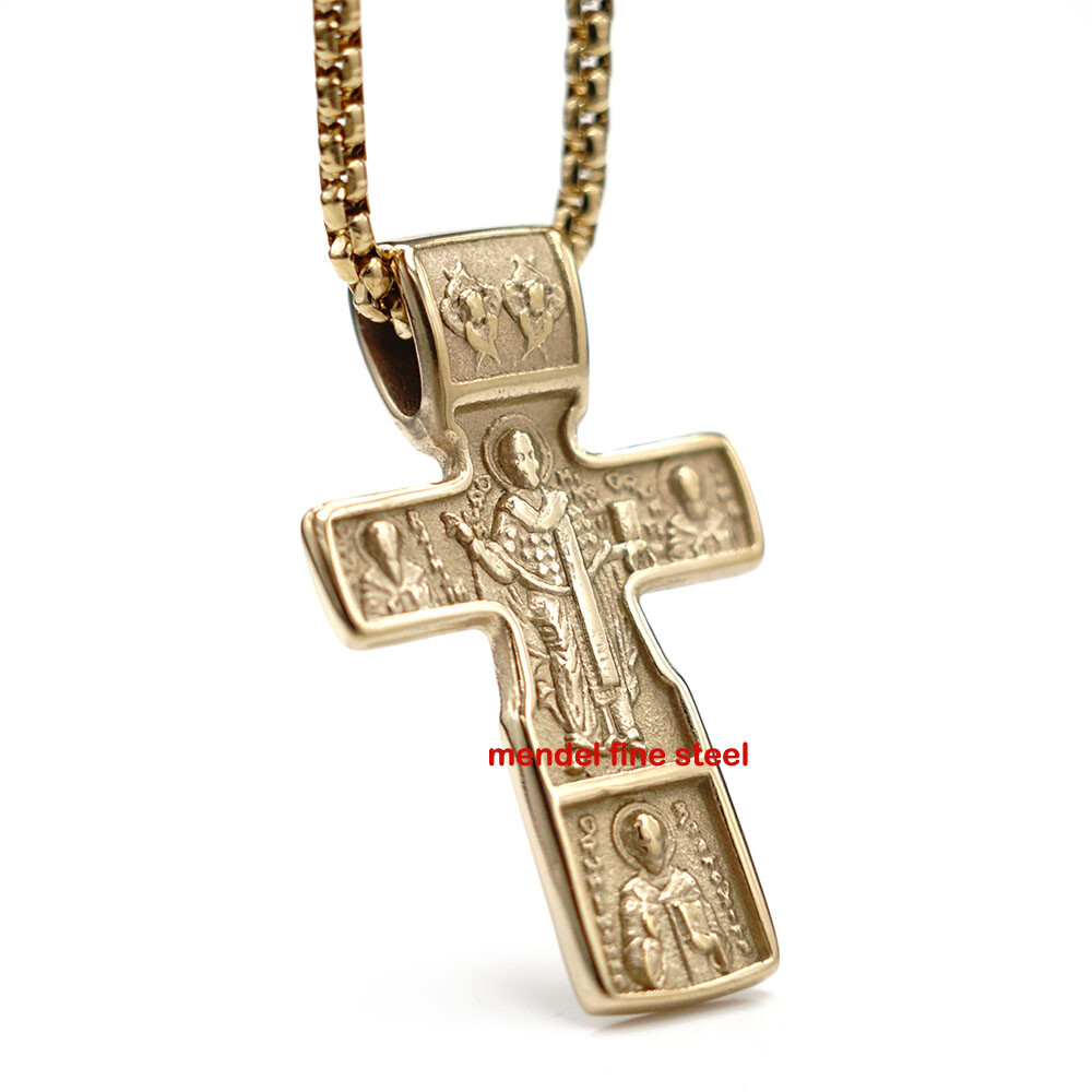 MENDEL Gold Russian Orthodox St Saint Benedict Crucifix Cross Pendant Necklace