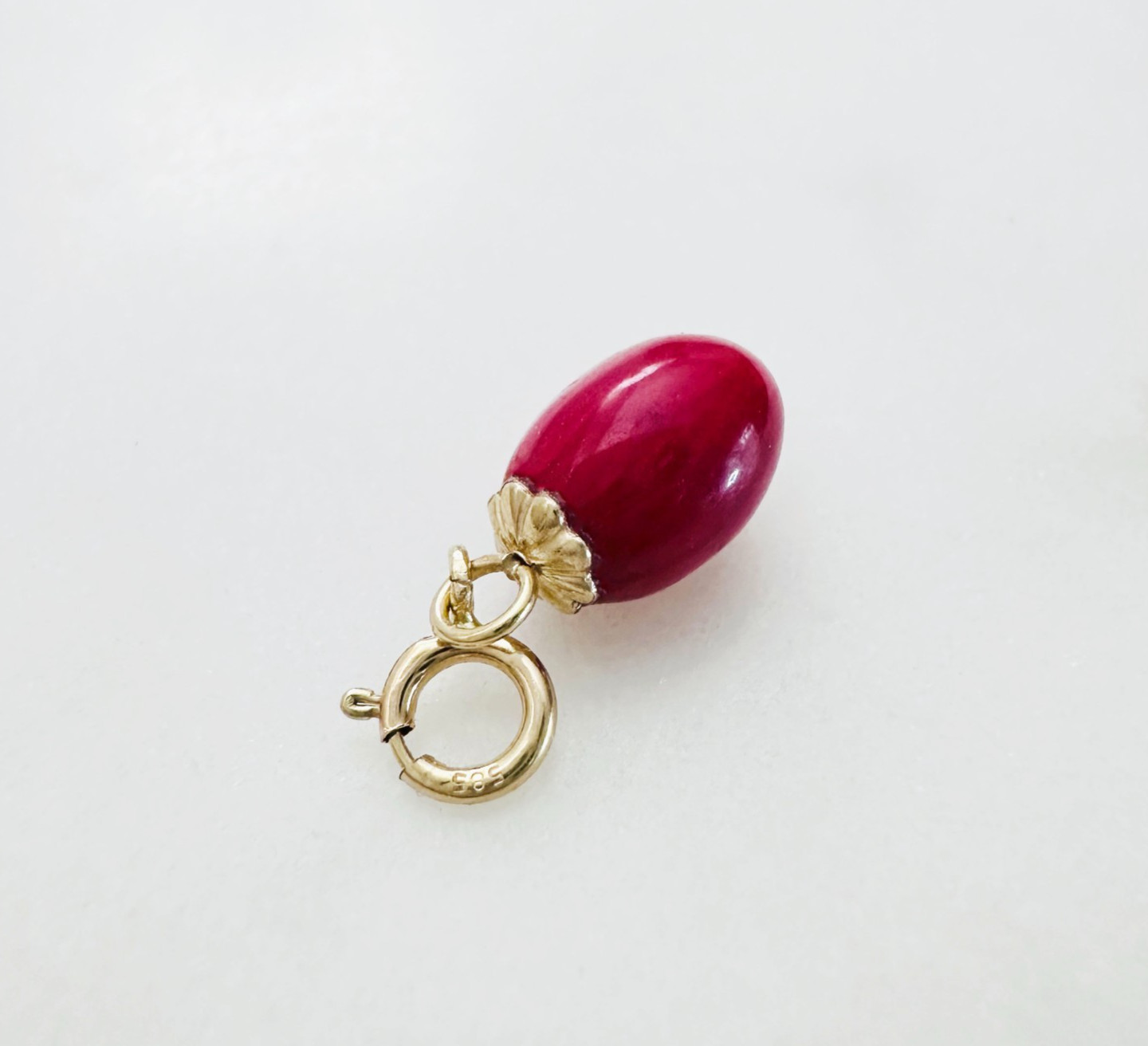 14K Solid Yellow Gold Small Barrel Red Coral Charm Pendant w/Spring Clasp