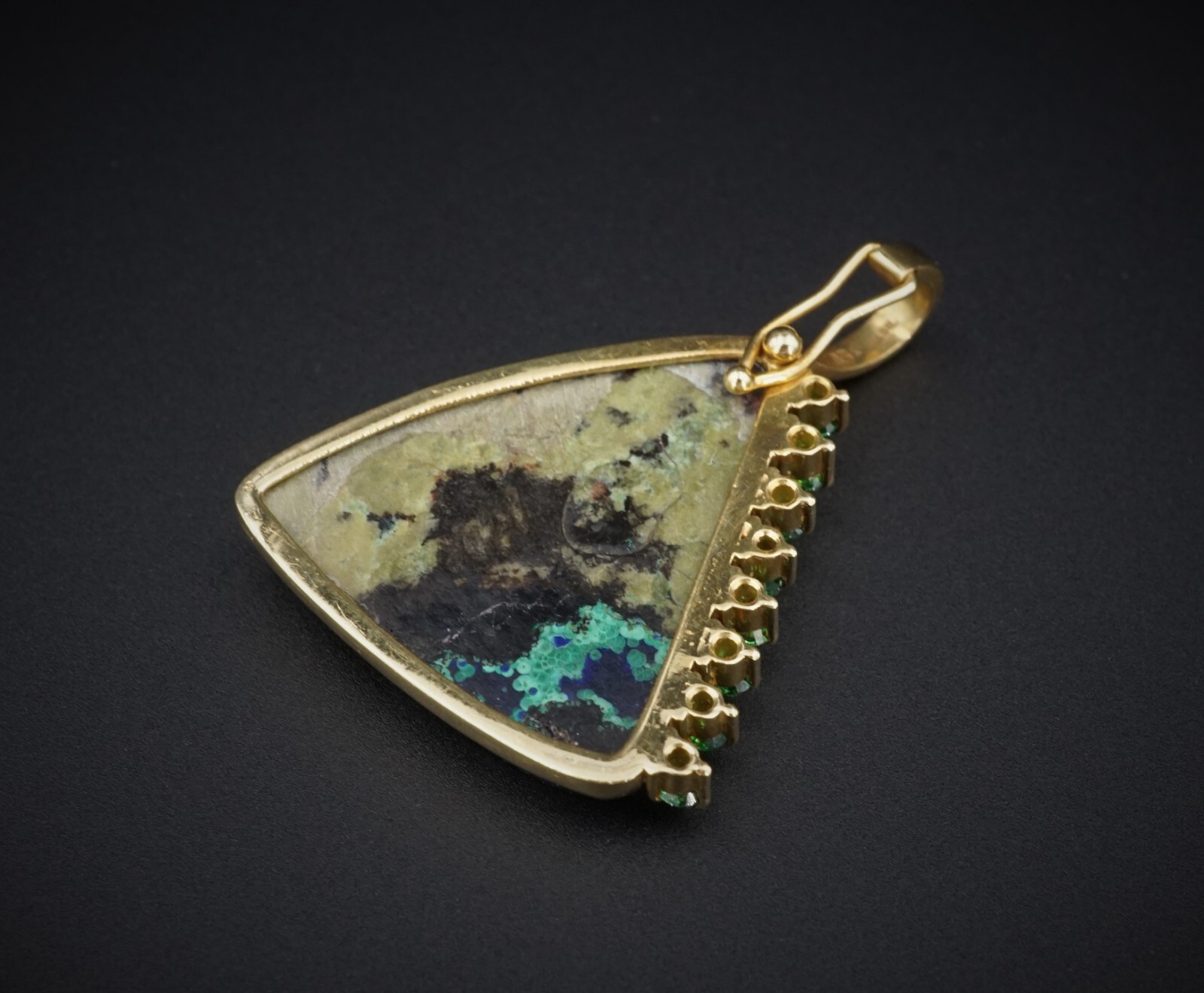 Artisan 18k Yellow Gold Azurite Slab Garnet Enhancer Pendant 1.5″ PG1731