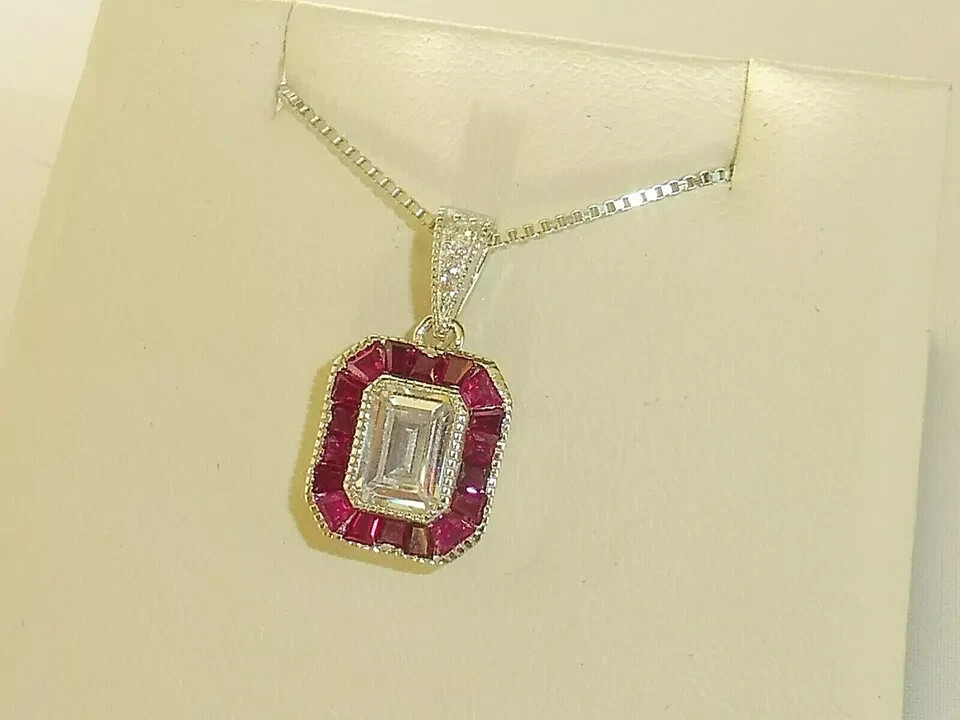 2.50Ct Art Deco Design White Lab-Created Diamond & Ruby Solid 925 Silver Pendant
