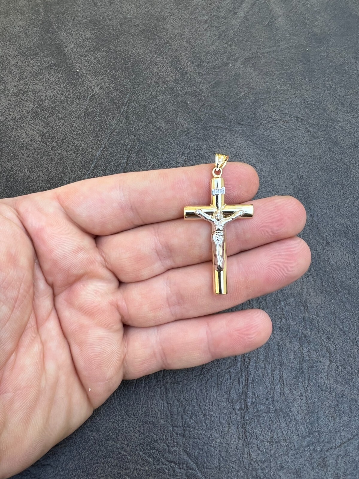Large 1.85″ Real 14k Yellow & White Gold Cross Jesus Crucifix Pendant Necklace