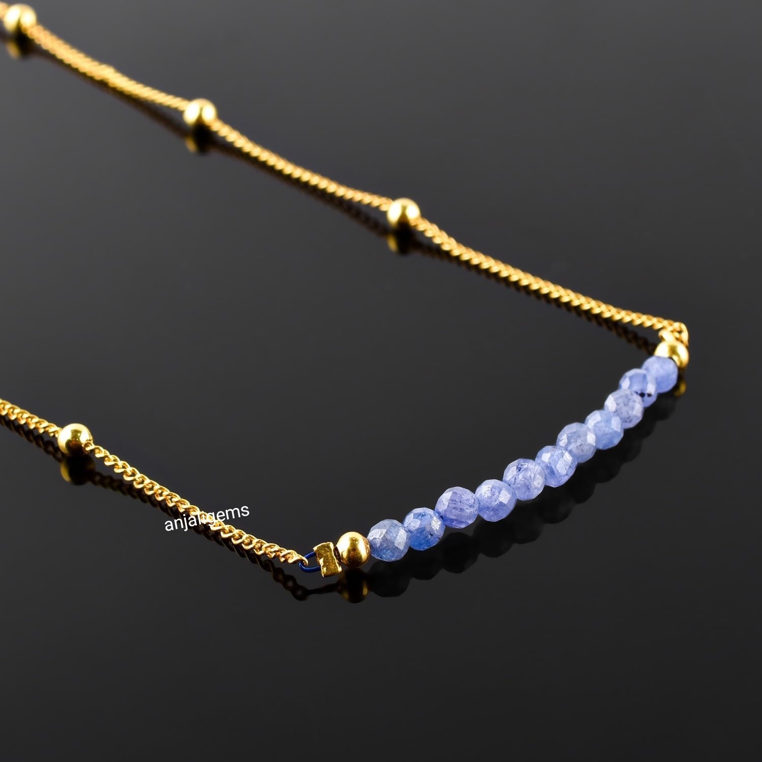 18K Yellow Gold Finished Over AA+ Tanzanite Beads Chain Necklace In 925 Silver A