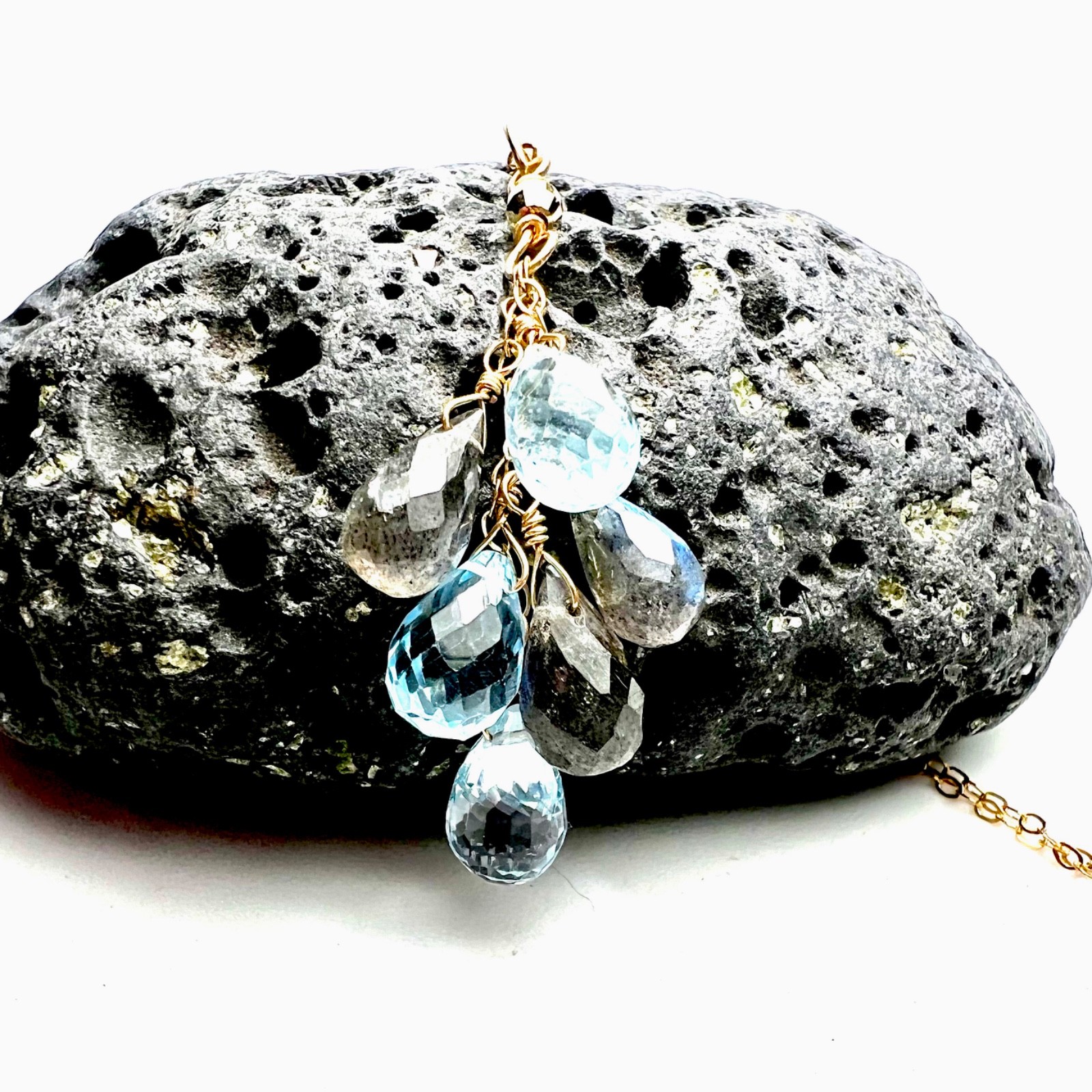Handmade 14K Gold Labradorite, Sky Blue Topaz Pendant, 4th Anniversary, No Chain