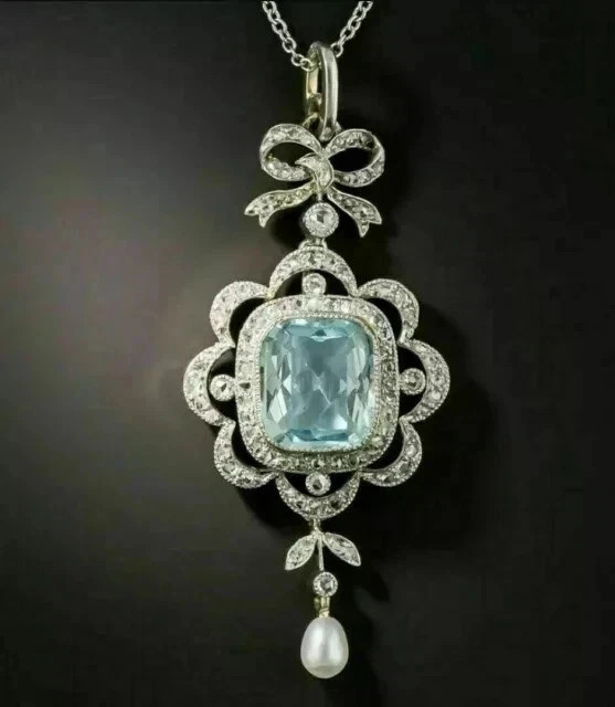 18″ Chain 3Ct Cushion Lab Created Aquamarine Halo Pendant 14K White Gold Plated
