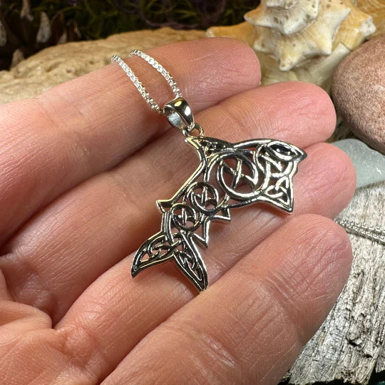 Celtic Shark Necklace in Sterling Silver 925 Large Nautical Beach Pendant
