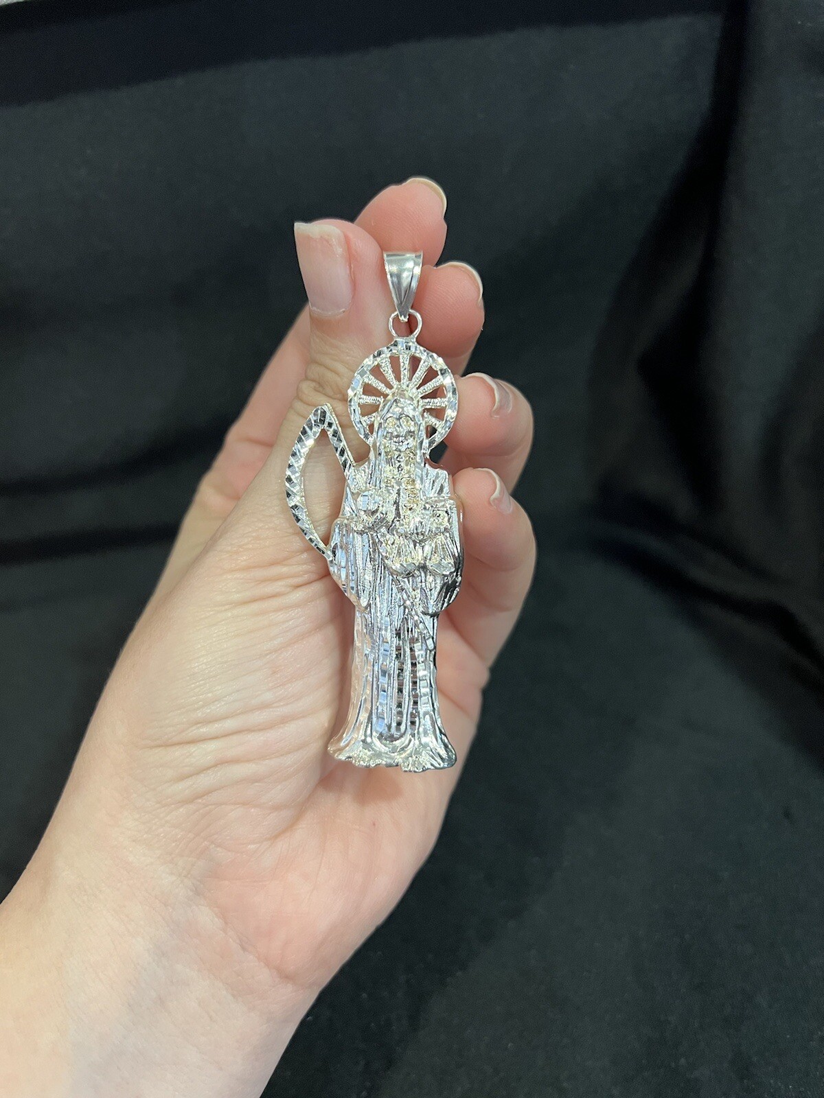 925 Sterling Silver Mens Womens BIG Santa Muerte Grim Reaper Holy Death Pendant