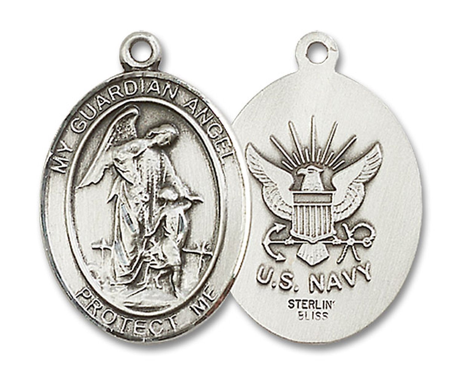 Sterling Silver Guardian Angel US Navy Medal Pendant Necklace 24″ Chain GiftBox