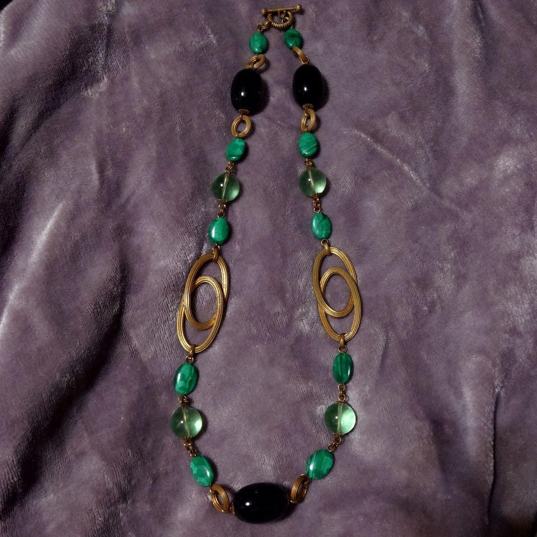STEPHEN DWECK Smoky Quartz Malachite Fluorite Bronze Long Necklace 70cm EX
