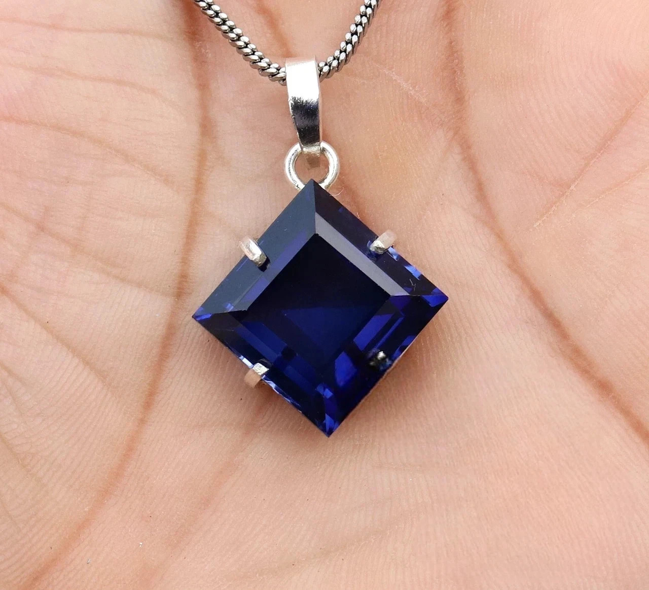 21.10 Ct Natural Blue Sapphire AGL Certified Solid Silver Princess Pendant Gem