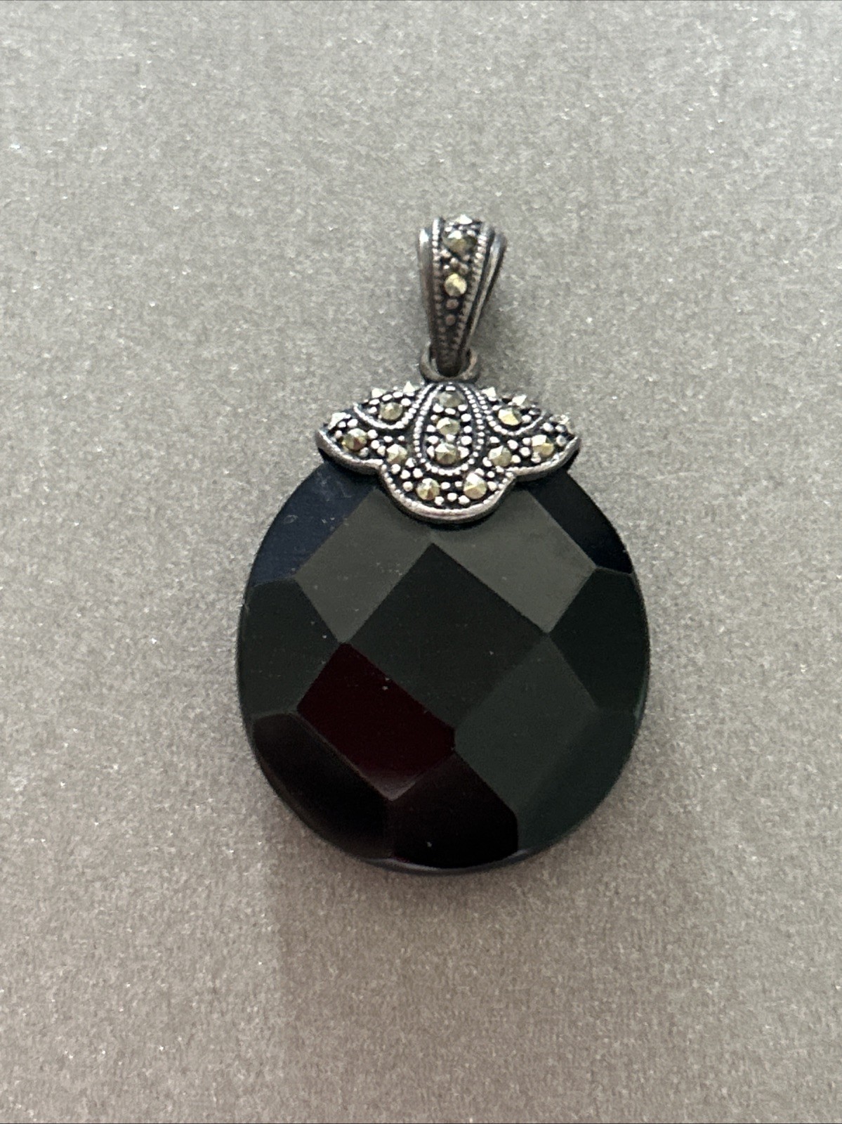Sterling Silver Marcasite Black Faceted Stone Pendant