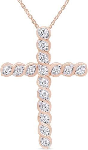Natural Round Diamond Accents Twist Cross Pendant 18″ Necklace Sterling Silver