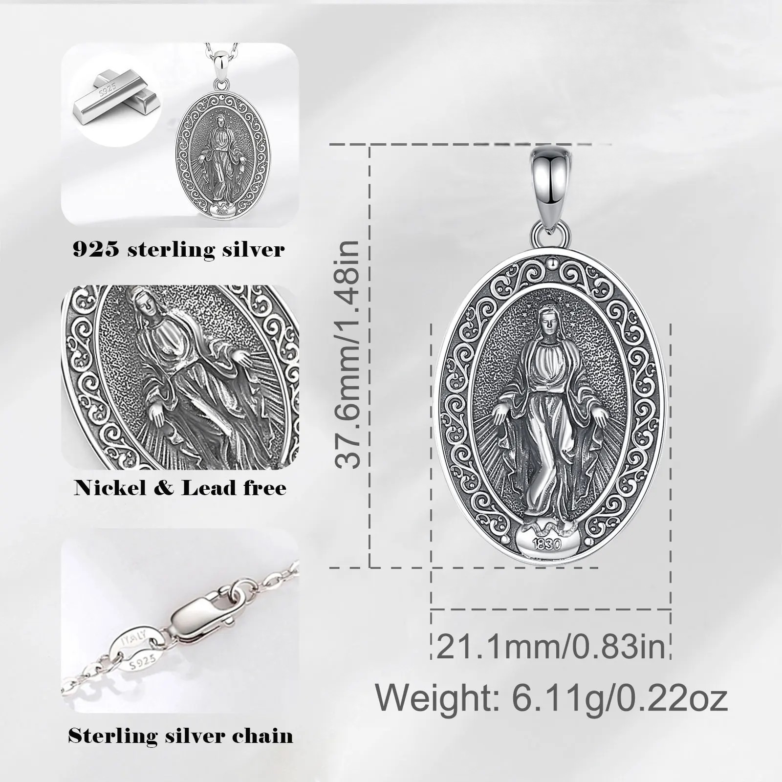 925 Sterling Silver Two-Sided Miraculous Medal Necklace